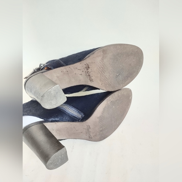 Madewell Sz 7 Ankle Bootie Boot Navy Blue Calf Hair Stacked Block 3.5" Heel - Picture 12 of 12